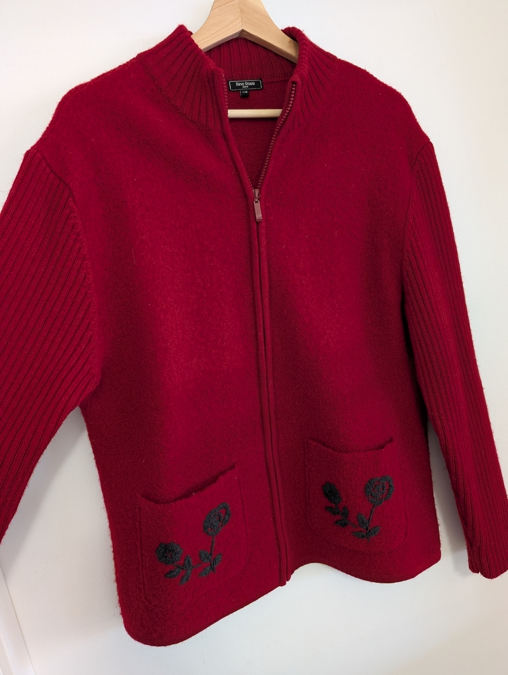 Vintage Rino Rossi Large Sweater Red Boiled Wool Full Zip Cardigan Embroidered